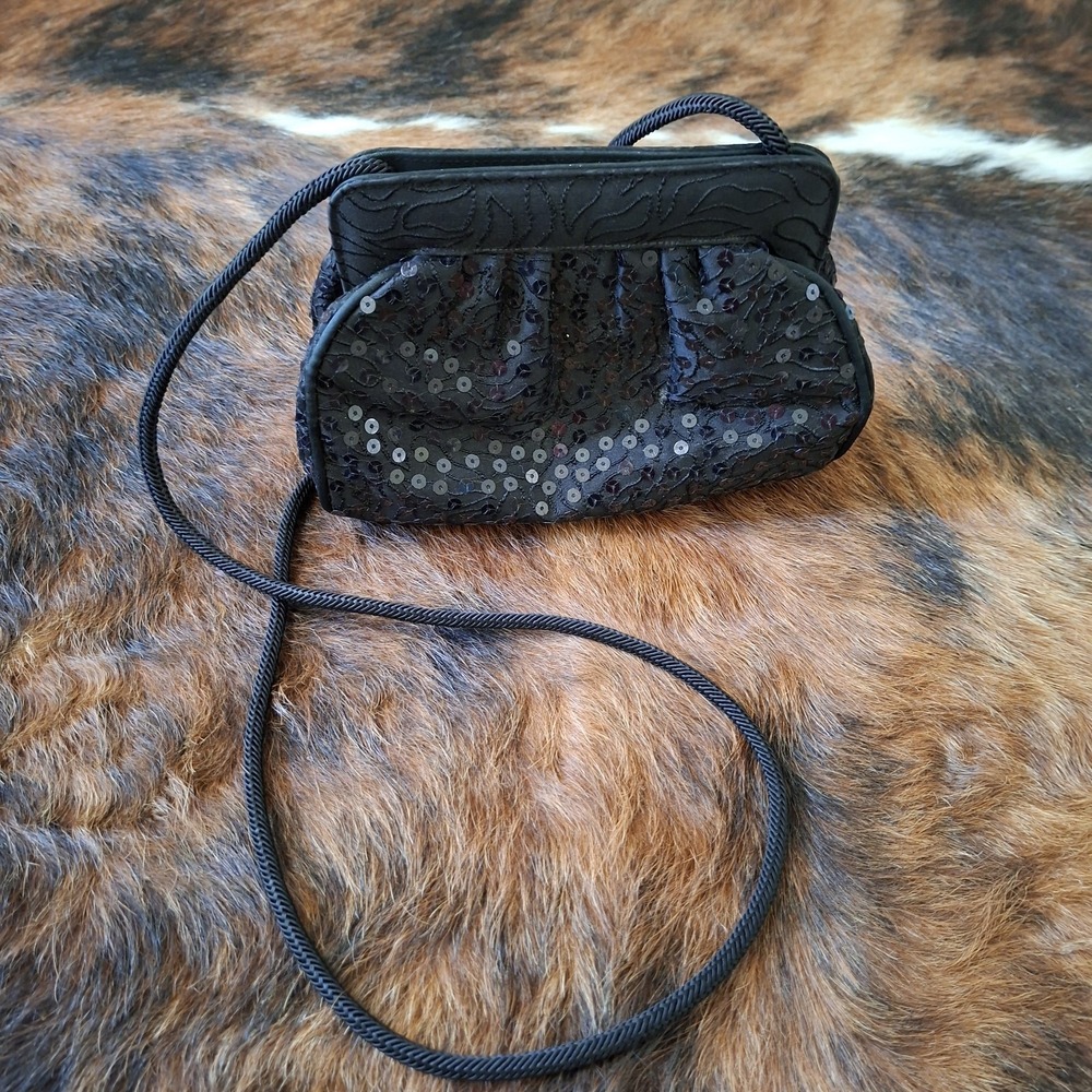 Stuart Weitzman Petite Black Tie Noir Handbag Black Sequin Clutch Bag Embroidery